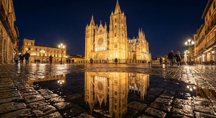 Vista nocturna iluminada de la Catedral de León Pulchra Leonina, monumento gótico referente del turismo cultural y patrimonio en Castilla y León