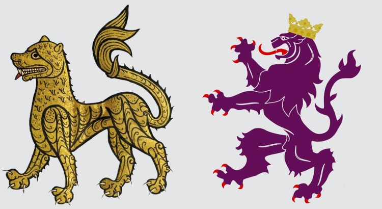 Emblema heráldico del Reino de León, el más antiguo de Europa con el león púrpura rampante.