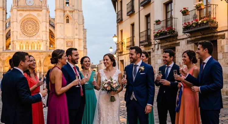 Novios celebrando una boda en León junto al patrimonio histórico y cultural de la ciudad.