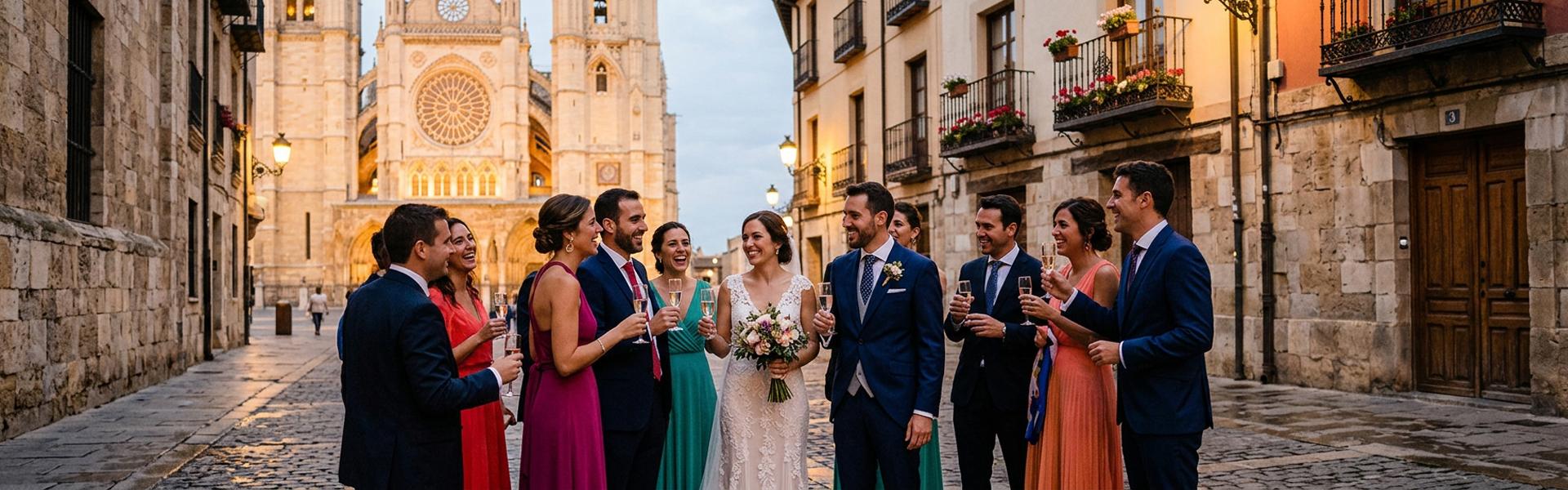 Novios celebrando una boda en León junto al patrimonio histórico y cultural de la ciudad.