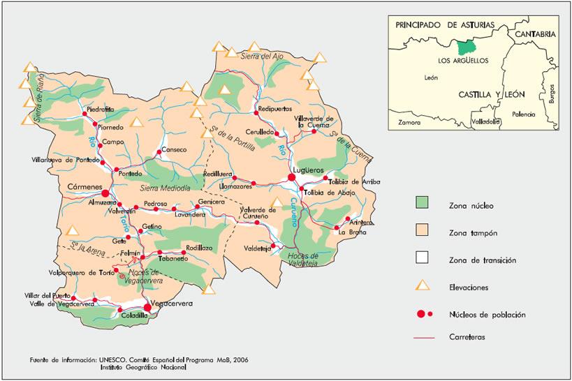 Mapa de ubicación y municipios de la Reserva de la Biosfera de Los Argüellos en León