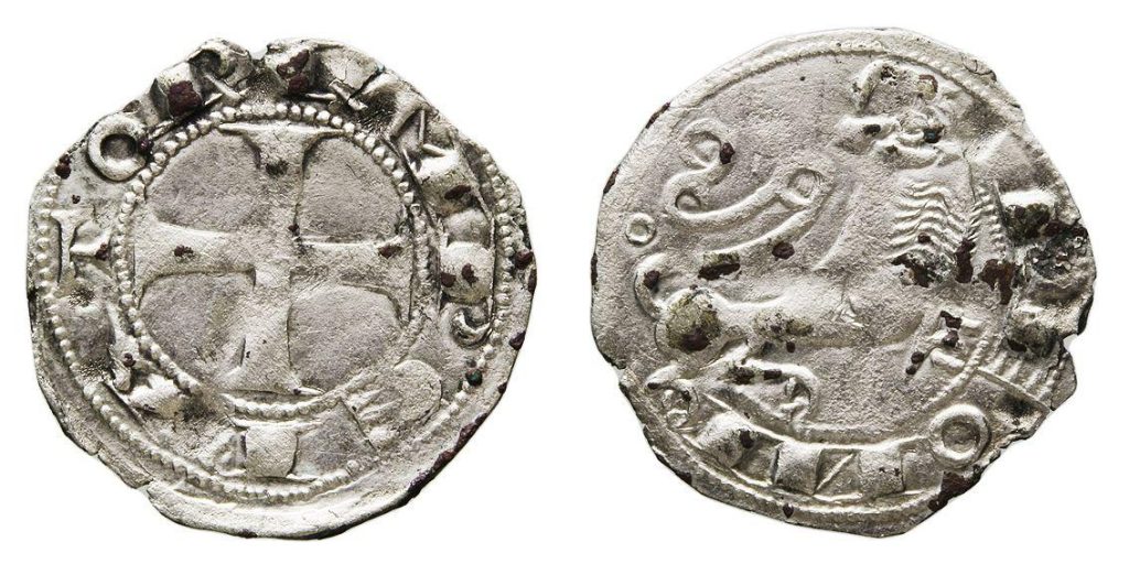 Óbolo de vellón de Alfonso VII del año 1126 con la representación del león heráldico.
