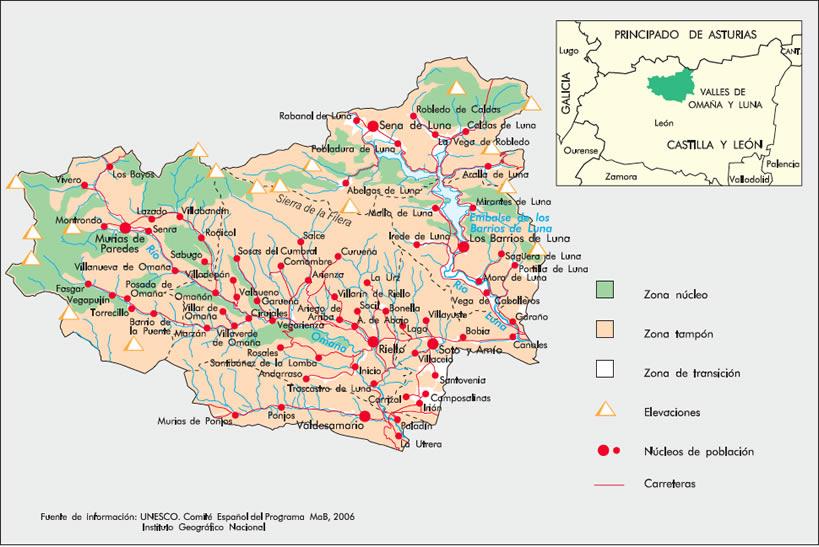 Mapa ilustrado y plano detallado de la Reserva de la Biosfera Valles de Omaña y Luna, mostrando municipios, ríos Luna y Omaña, y principales localidades de la zona.