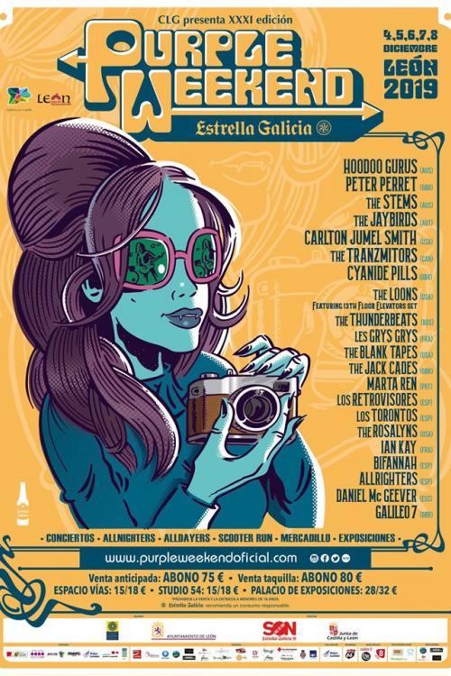 Cartel de conciertos por días del Purple Weekend 2019 en Espacio Vías, Palacio de Congresos y Sala Glam León