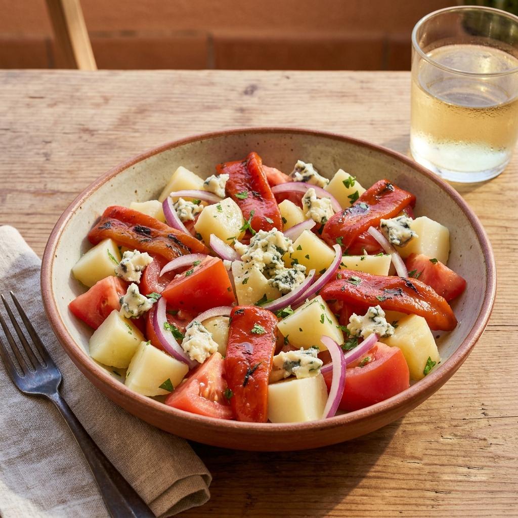 Ensalada campera de Tomate de Mansilla y Pimientos Asados del Bierzo con Queso de Valdeón.